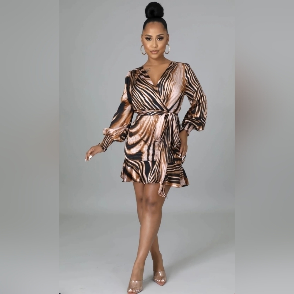 New Dress Day Brown Zebra Print Mini Smocked Dress Size L